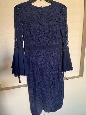 New York & Company Navy Lace Midi Dress with Tiered Bell Sleeves